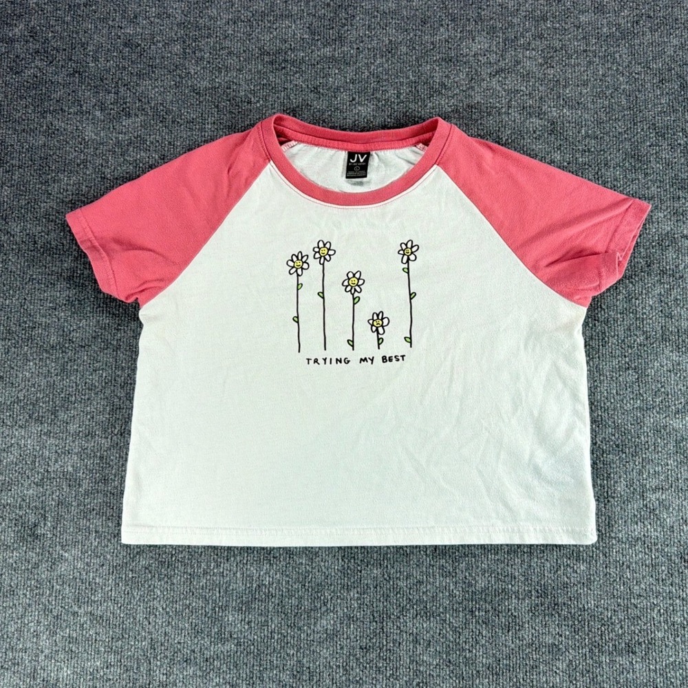 Jac Vanek Trying My Best Daisy Raglan Baby Tee Pink White‎ Womens Large